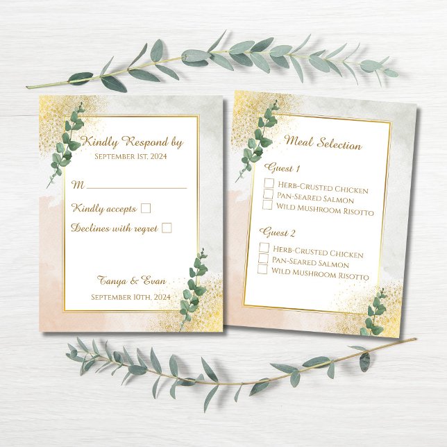 Elegant grön & guld bröllop RSVP-svarskort OSA Kort (Elegant Green & Gold Wedding RSVP & Meal Selection Enclosure Card)
