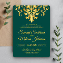 Elegant grön guld-damask bröllopsinbjudan