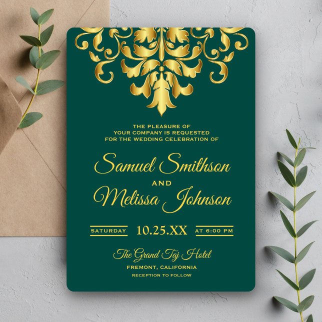 Elegant grön guld-damask bröllopsinbjudan inbjudningar (Skapare uppladdad)