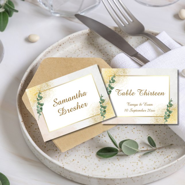Elegant grön & guld foto bröllop  placeringskort (ELEGANT GREEN & GOLD WEDDING PLACE CARD)