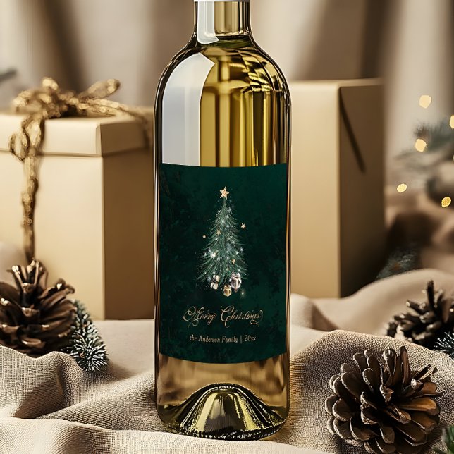 Elegant grön guld julgran vinflaska etikett (Skapare uppladdad)
