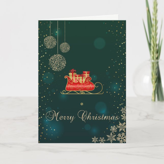 Elegant grön, guld julsläd snöflingor helgkort (Framsida)