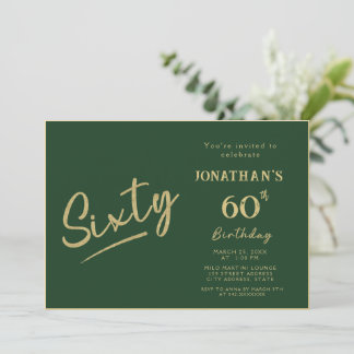 Elegant grön guld penselskrift 60-årsdag inbjudningar