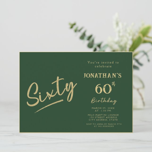 Elegant grön guld penselskrift 60-årsdag inbjudningar (Stående Fram)