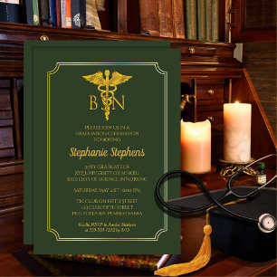 Elegant Grön Guld Sjuksköterska BSN Examenfest Inbjudningar