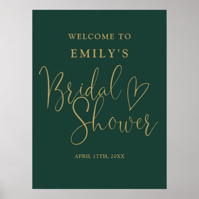 Elegant grön guld skrivstil Bröllopsdusch Välkomst Poster (Framsidan)