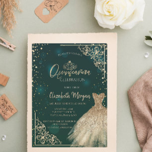 Elegant grön guld tiara, diamanter Quinceañera Inbjudningar