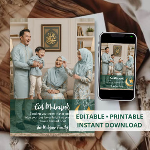 Elegant grön & guldblommig foto Eid Mubarak-kort Julkort