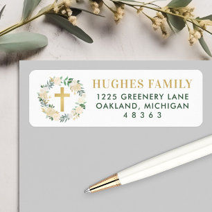 Elegant grön guldblommig korsdop adress returadress etikett