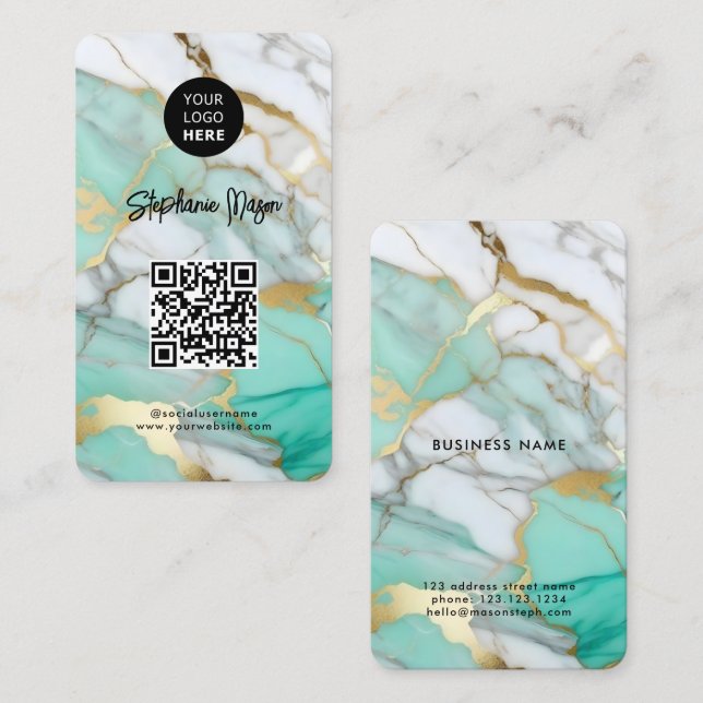 Elegant grön guldmarmorlogotyp & QR-kod Modern Visitkort (Fram/baksida)