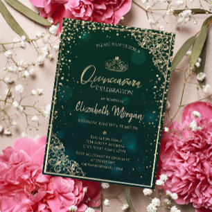 Elegant grön guldtiara, diamanter Quinceañera Inbjudningar