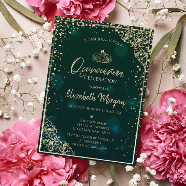 Elegant grön guldtiara, diamanter Quinceañera Inbjudningar (Skapare uppladdad)