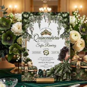 Elegant grön gyllene tiara blomster Quinceañera Inbjudningar