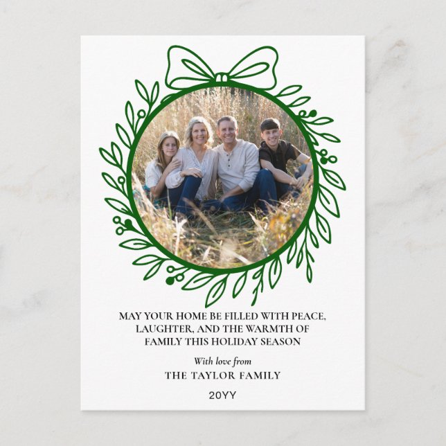 Elegant grön handritad båge krans jul helg vykort (Framsida)