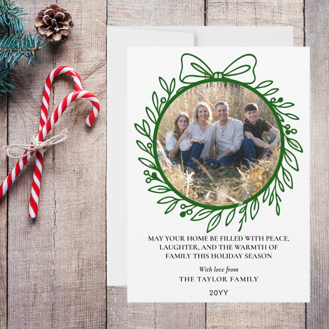 Elegant grön handritad båge krans jul julkort (Elegant Green Hand Drawn Bow Wreath Christmas Holiday Card
)