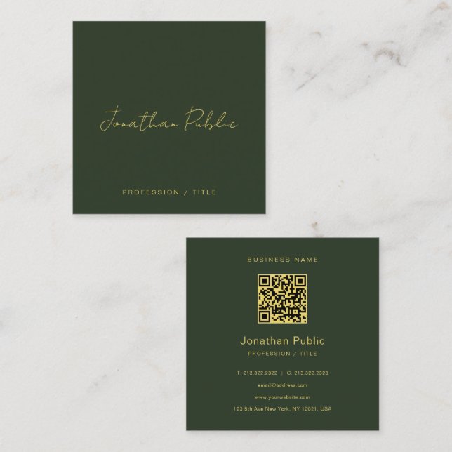 Elegant grön handskriven skript guld text QR-kod Fyrkantigt Visitkort (Fram/baksida)