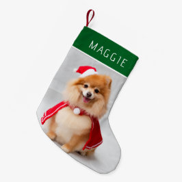 Elegant grön husdjurs hund foto anpassat namn liten julstrumpa