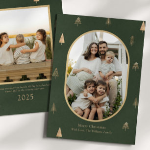 Elegant grön jul fotokort med gyllene träd julkort