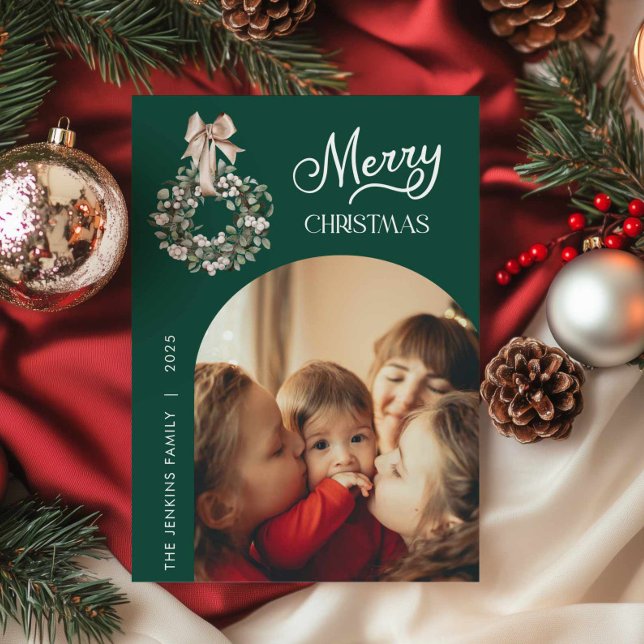 Elegant grön julbåge fotokort julkort (Green Merry Christmas Photo Greeting Card)