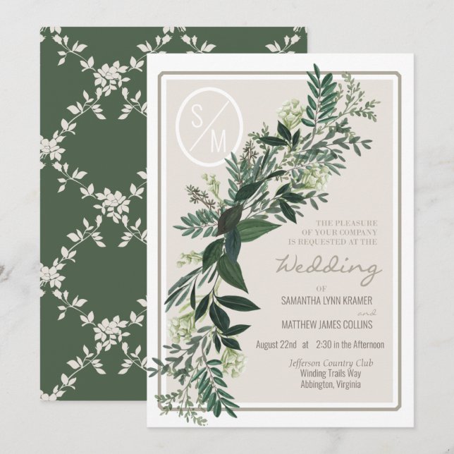 Elegant grön krans ormbunkar och bär inbjudningar (Fram/baksida)
