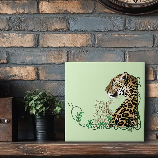 Elegant grön leopard botanisk henna kakelplatta (Skapare uppladdad)