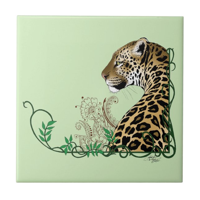Elegant grön leopard botanisk henna kakelplatta (Framsidan)
