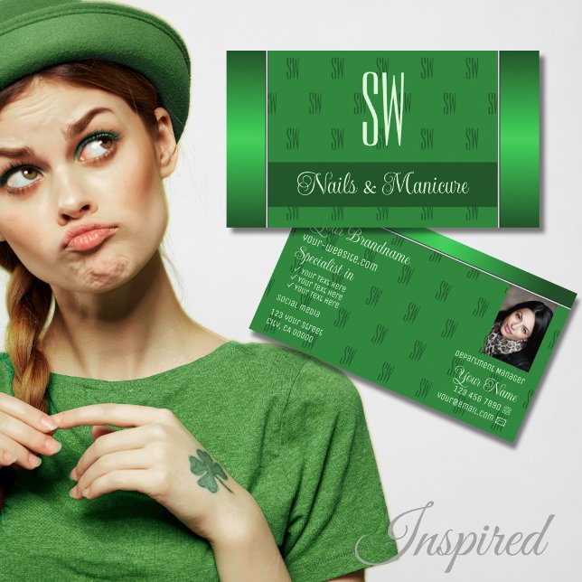 Elegant grön med foto och chic monogram mönster visitkort (Skapare uppladdad)