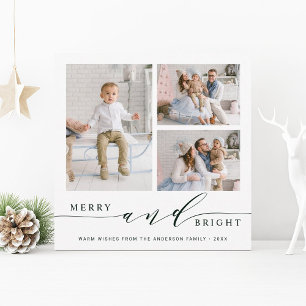 Elegant Grön Merry & Bright 3 Foto Fyrkant Julkort