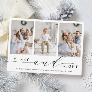 Elegant Grön Merry & Bright 3 Foto Julkort