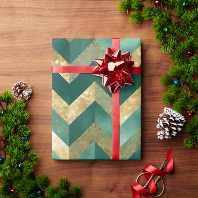 Elegant grön metallisk guld-chevron-mönster presentpapper (Julgåva)