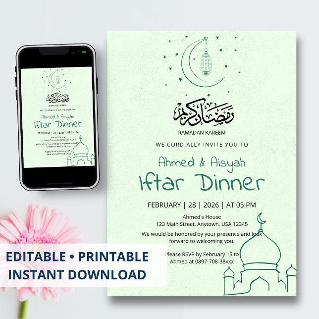 Elegant grön mint halvmåne moské Iftar middag Inbjudningar (Skapare uppladdad)