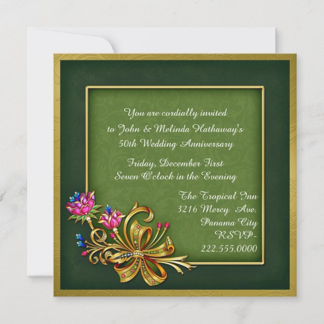 Elegant grön och guld 50-årsjubileums inbjudan (Framsida)