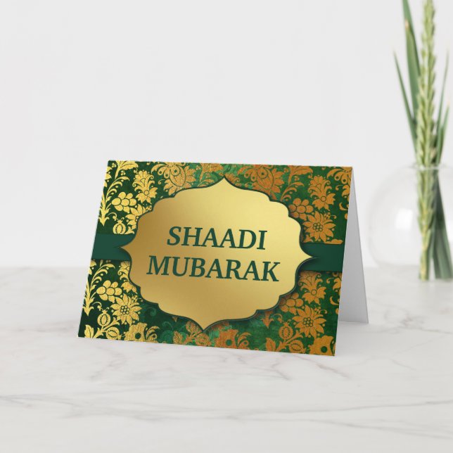 Elegant grön och guld blommig Shaadi Mubarak Kort (Framsida)