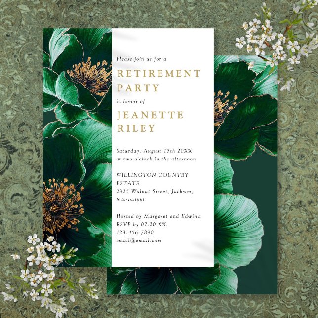 Elegant grön och guld blomsterfirande pensionärsfe inbjudningar (Elegant Green And Gold Floral Retirement Party Invitation)