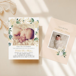 Elegant grön och guld blomsterflicka dop foto inbjudningar