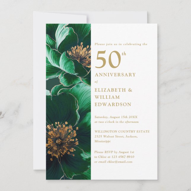 Elegant grön och guld blomsterglas 50-årsjubileum inbjudningar (Framsida)
