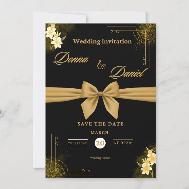 Elegant grön och guld bröllopsinbjudan med flora inbjudningar (Framsida)