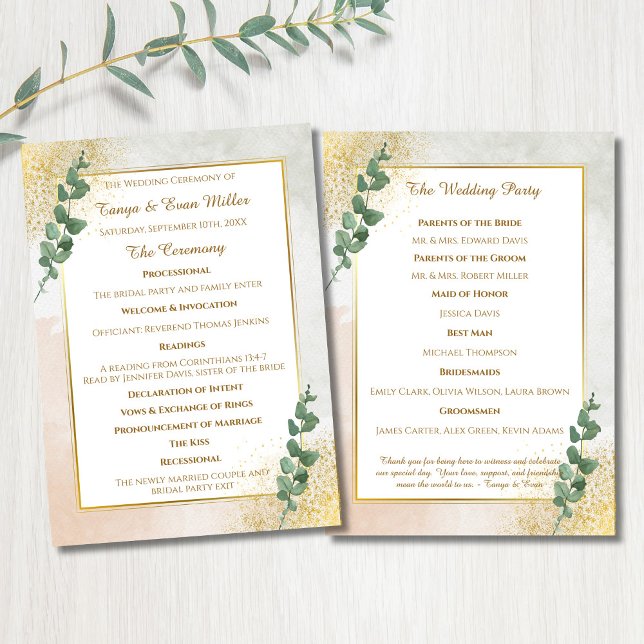Elegant grön och guld bröllopsprogram meny (Elegant Green & Gold Wedding Program)