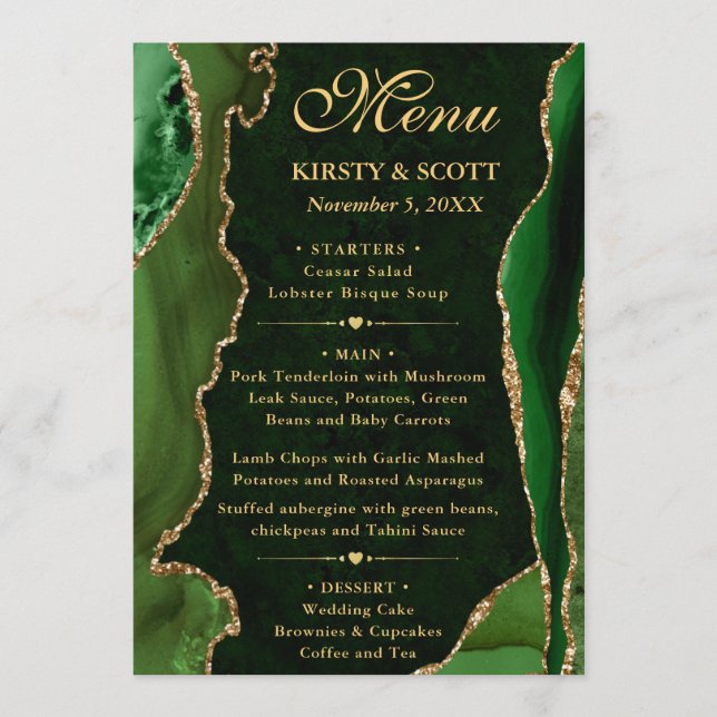 Elegant grön och guld falsk glitter agat bröllop meny (Framsida)