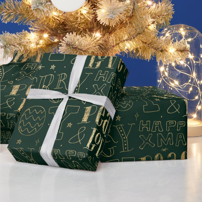 Elegant grön och guld folie jul ordkonst presentpapper (Helgdagar)