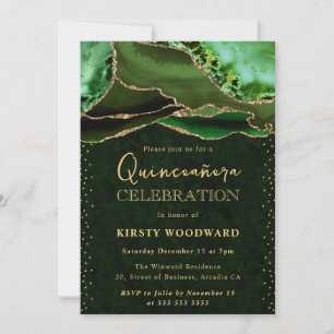Elegant grön och guld glitter agat Quinceanera Inbjudningar