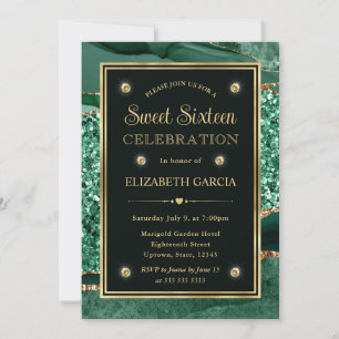 Elegant grön och guld glitter agat Sweet Sixteen Inbjudningar