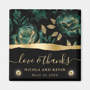 Elegant grön och guld glitter ros blomsterbröllop magnet