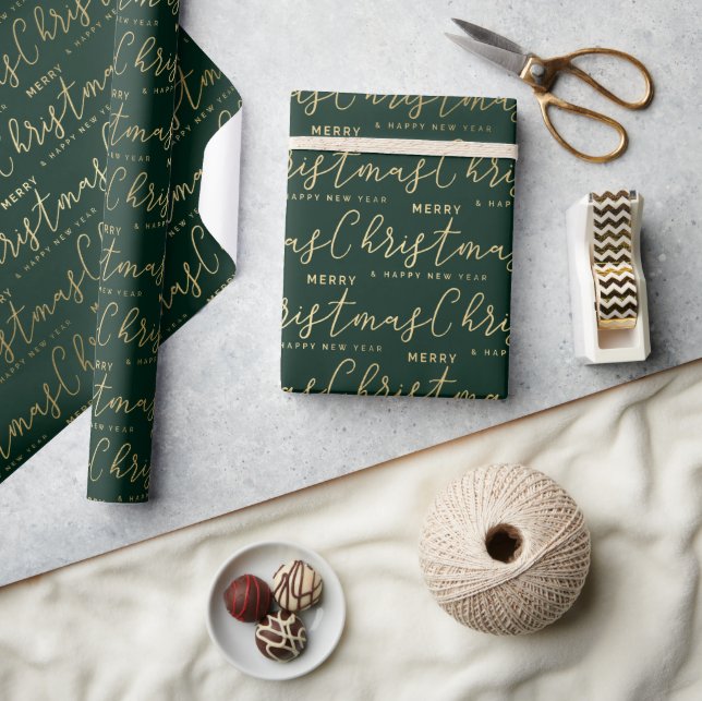 Elegant grön och guld God Jul text Presentpapper (Hantverk)