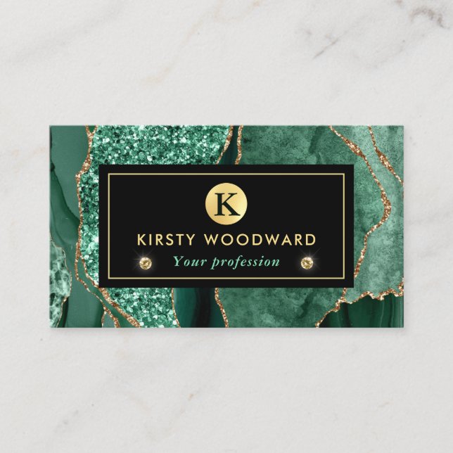 Elegant grön och guld havsglitter agat visitkort (Framsida)
