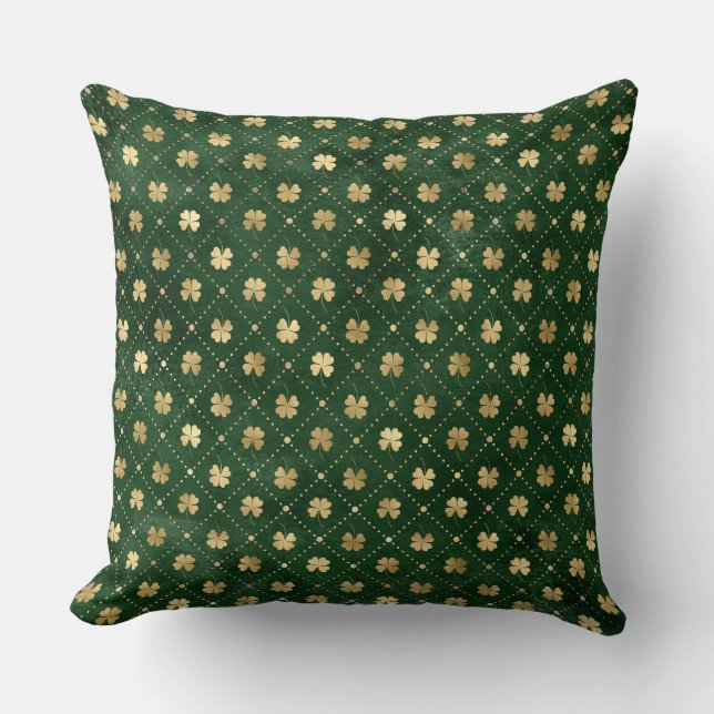 Elegant grön och guld irländsk Shamrock-klöver Kudde (Framsida)