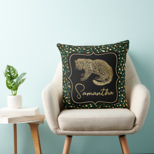 Elegant grön och guld leopard och prickar mönster kudde