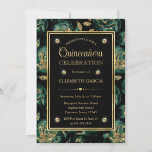 Elegant Grön och Guld Ros Quinceanera Blomma Inbjudningar