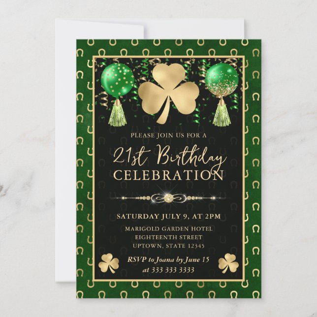 Elegant grön och guld Shamrock 21-årsdag Inbjudningar (Framsida)