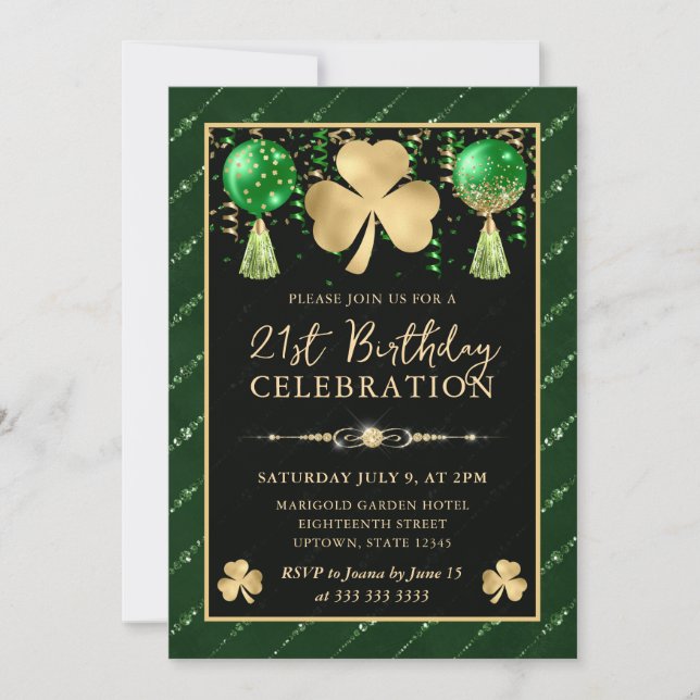 Elegant grön och guld Shamrock 21-årsdag Inbjudningar (Framsida)